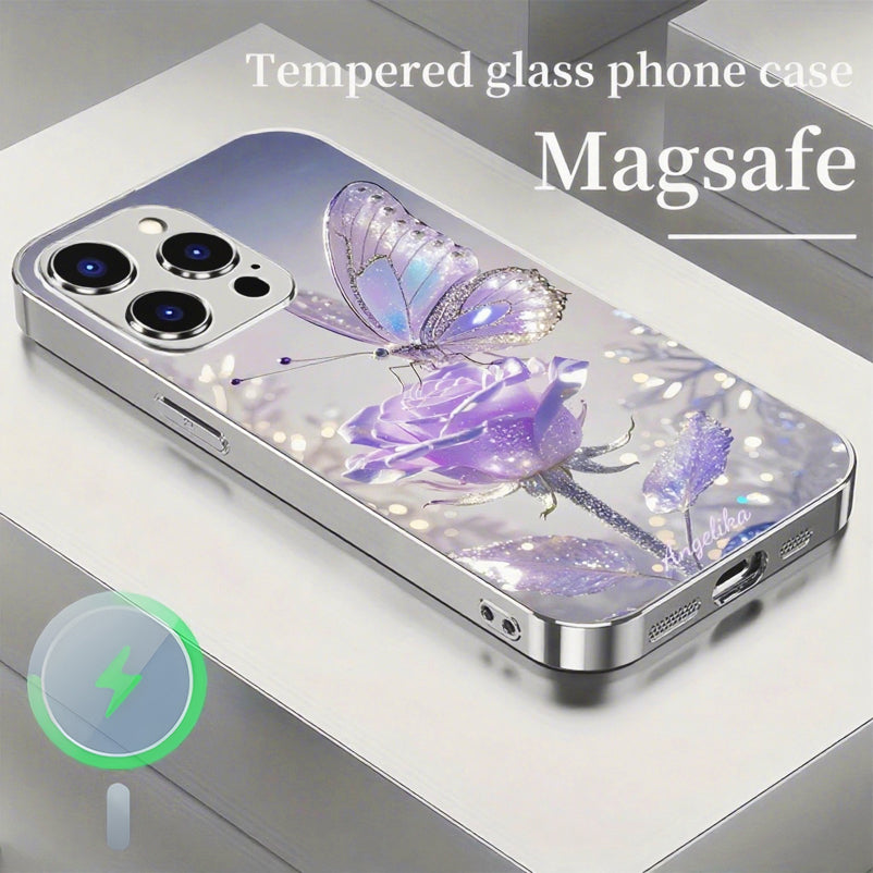 Crystal Butterfly Magnetic Tempered Glass Case Cover for iPhone