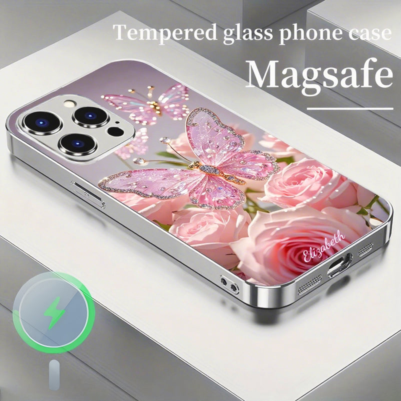 Crystal Butterfly Magnetic Tempered Glass Case Cover for iPhone