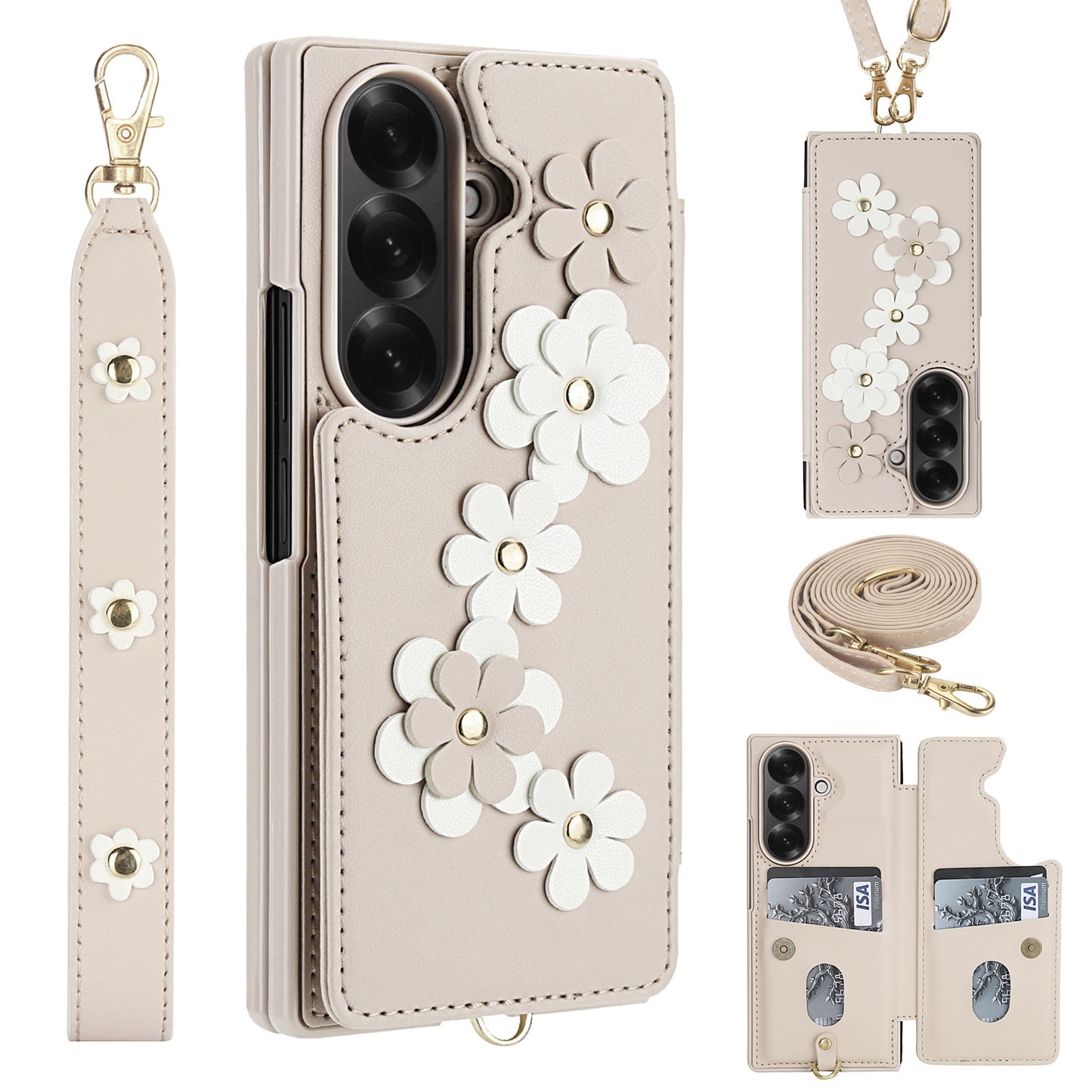 Leather Hand Strap Card Case Cover for Samsung Fold Series
