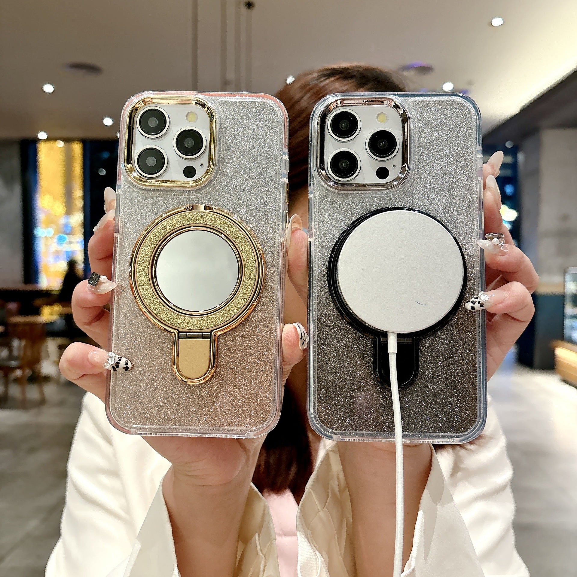 Equipped with Folding Stand and Make-up Mirror Glitter Case Cover for iPhone