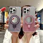 Equipped with Folding Stand and Make-up Mirror Glitter Case Cover for iPhone