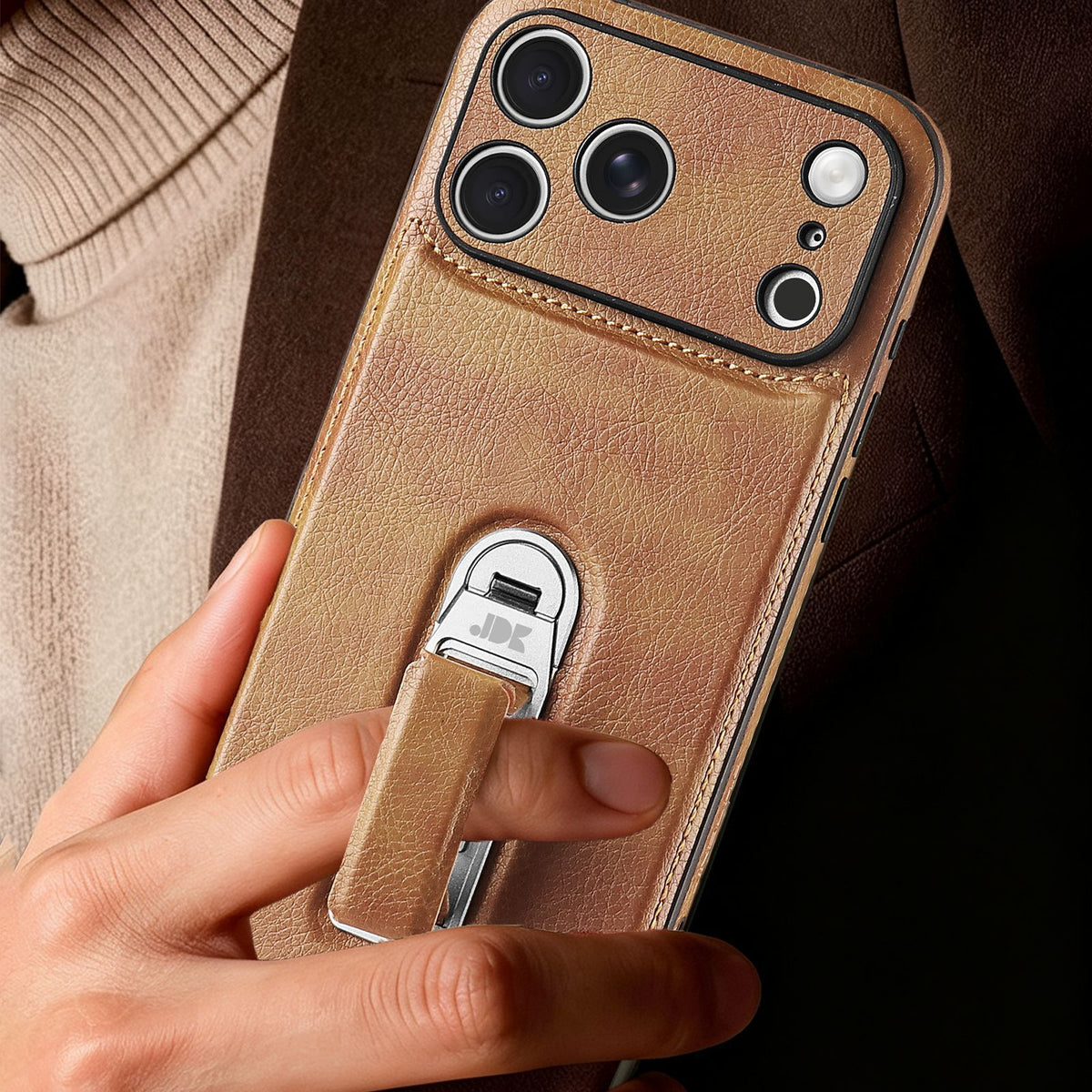 Leather Texture Smartphone Casing, iPhone Accessory with Metal Foldable Kickstand, Raised Camera Guard and Protection Features
