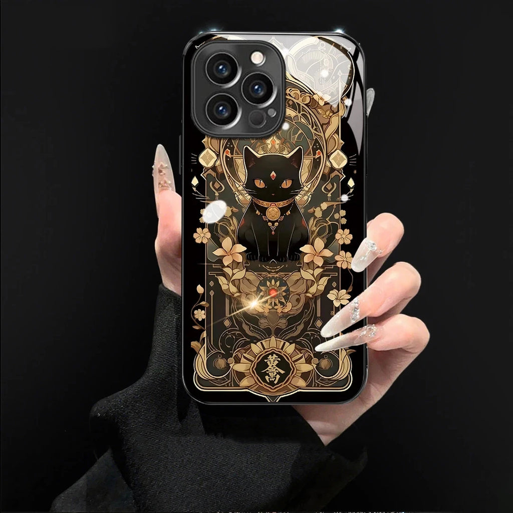 Black Cat & Gold Pattern Phone Case with Strap