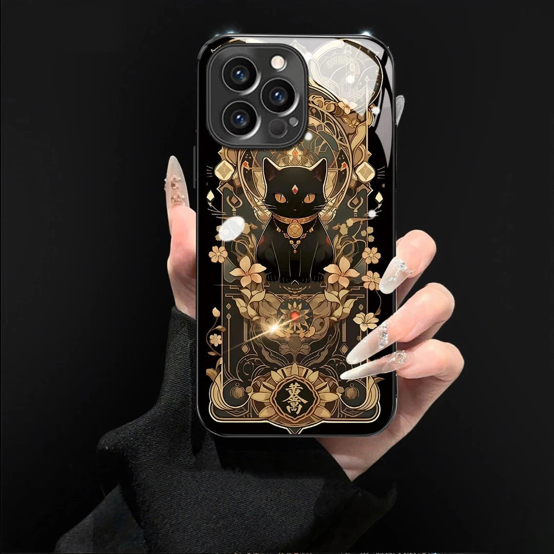 Black Cat & Gold Pattern Phone Case with Strap