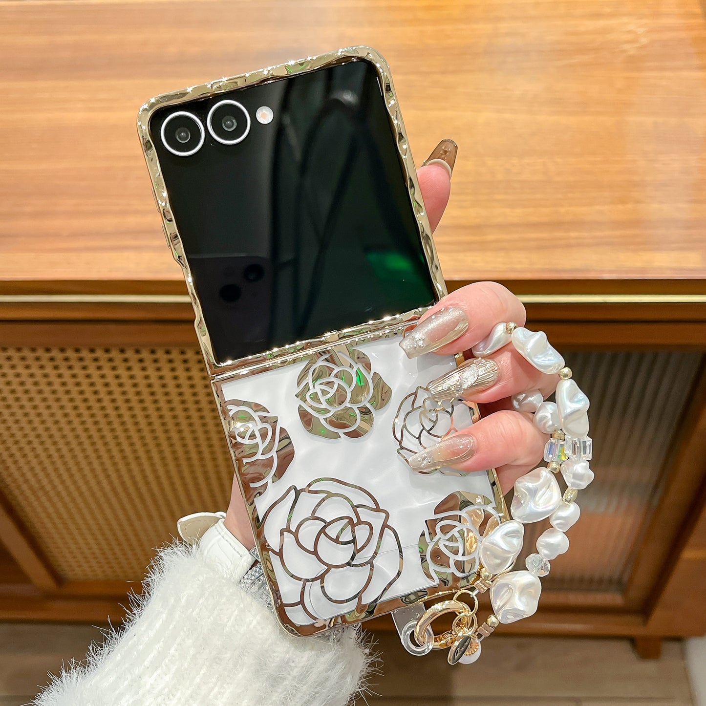 Translucent Camellia Samsung Flip Phone Case with Free Wrist Strap