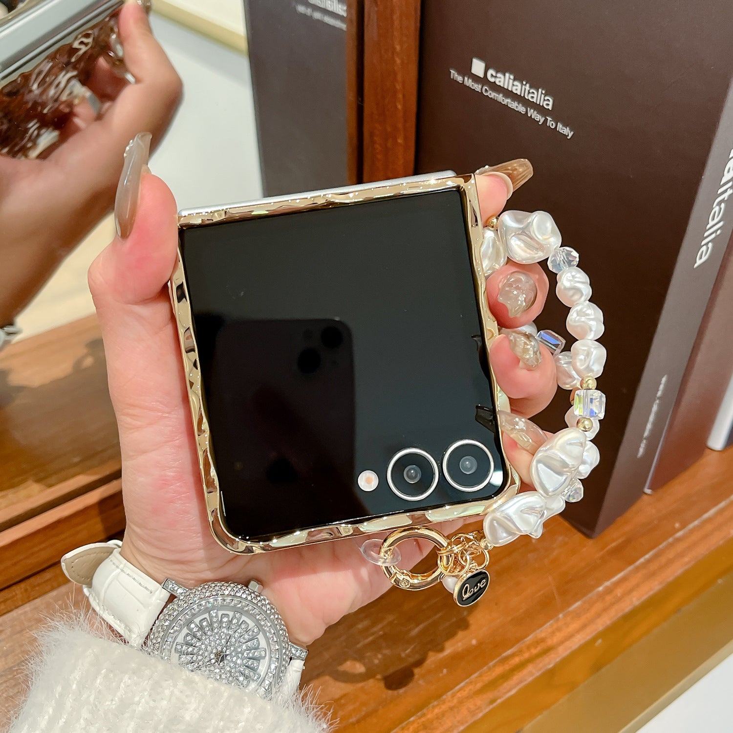 Translucent Camellia Samsung Flip Phone Case with Free Wrist Strap