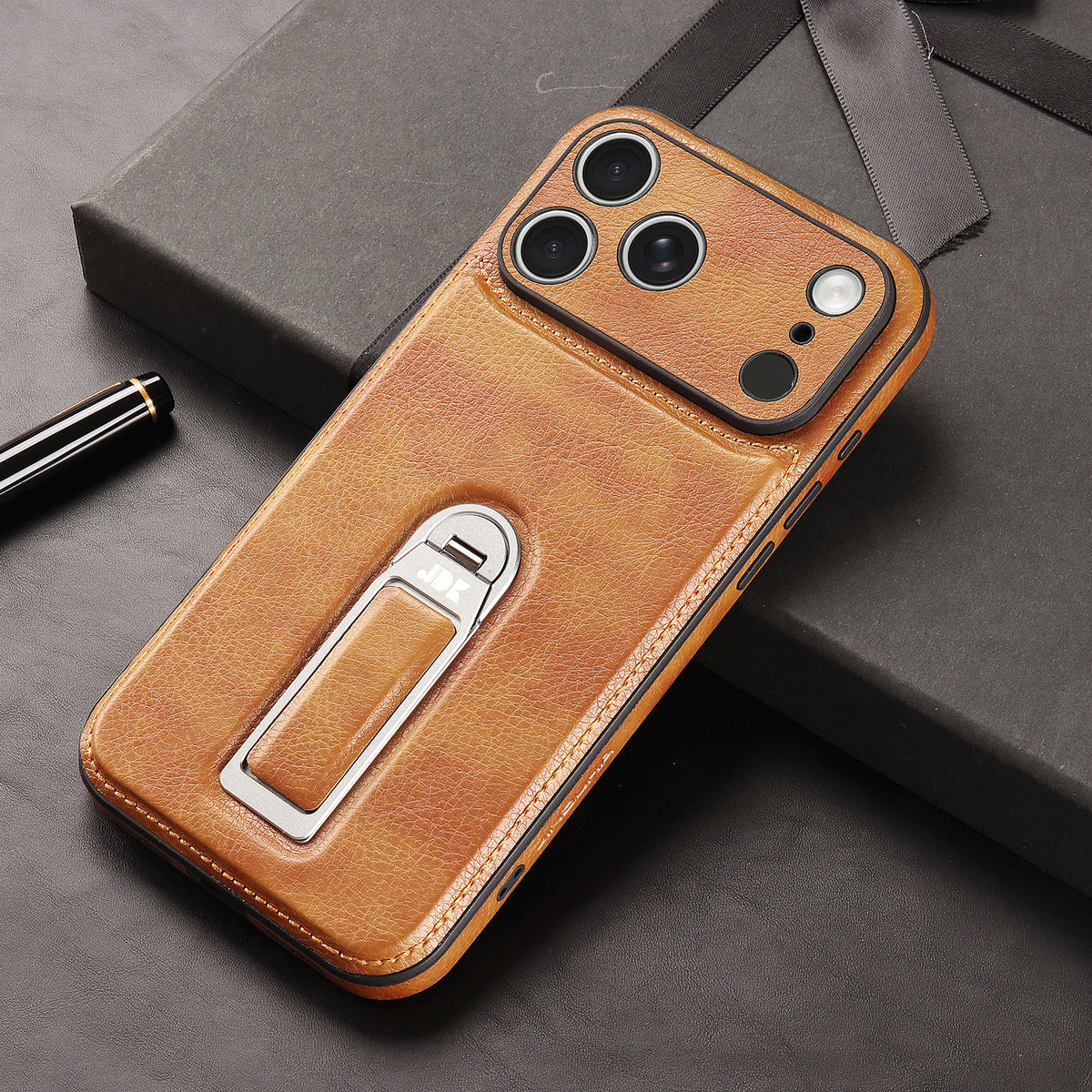 Leather Texture Smartphone Casing, iPhone Accessory with Metal Foldable Kickstand, Raised Camera Guard and Protection Features