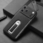 Leather Texture Smartphone Casing, iPhone Accessory with Metal Foldable Kickstand, Raised Camera Guard and Protection Features