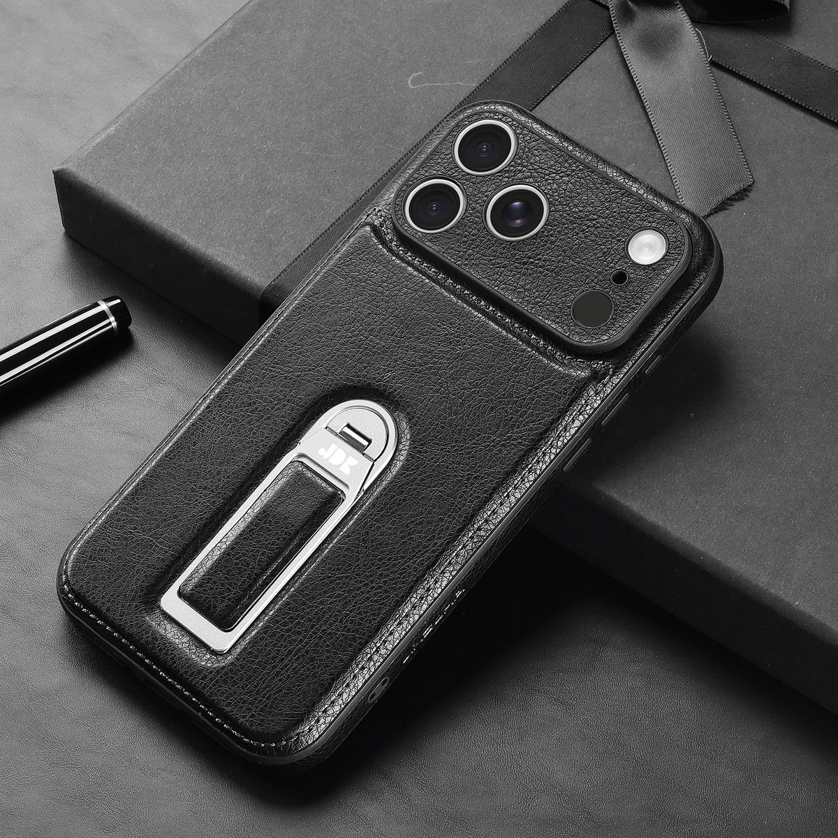 Leather Texture Smartphone Casing, iPhone Accessory with Metal Foldable Kickstand, Raised Camera Guard and Protection Features