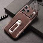 Leather Texture Smartphone Casing, iPhone Accessory with Metal Foldable Kickstand, Raised Camera Guard and Protection Features