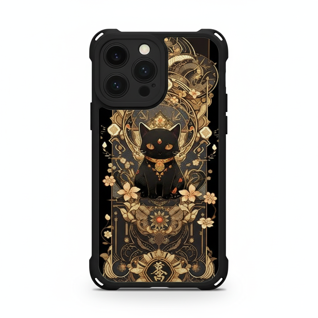 Black Cat & Gold Pattern Phone Case with Strap
