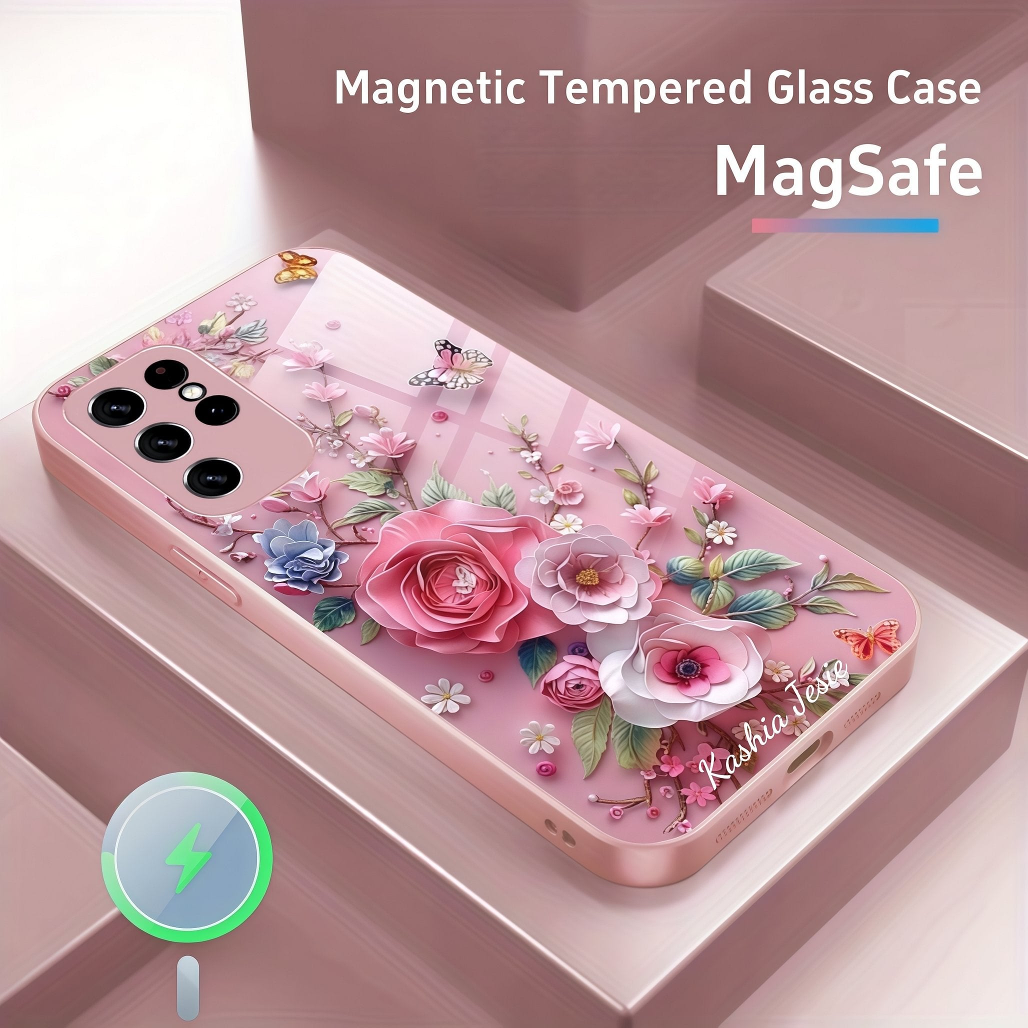 Crystal Pink Magnetic Tempered Glass Case Cover for Samsung S Series