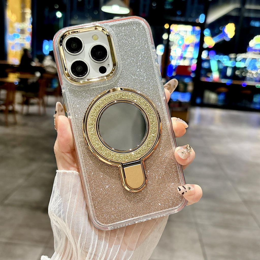 Equipped with Folding Stand and Make-up Mirror Glitter Case Cover for iPhone