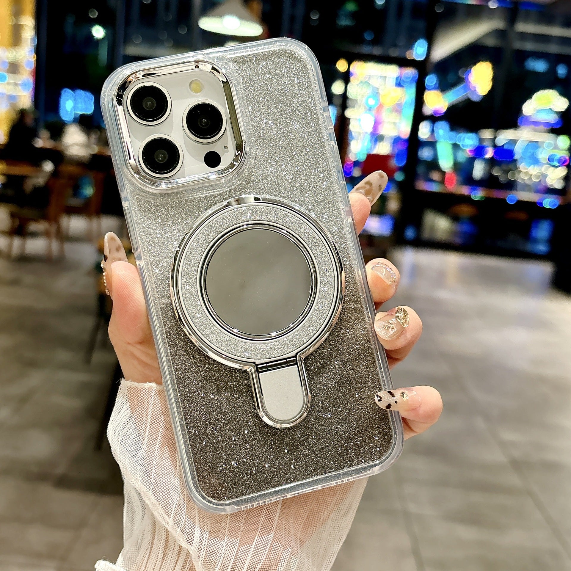 Equipped with Folding Stand and Make-up Mirror Glitter Case Cover for iPhone