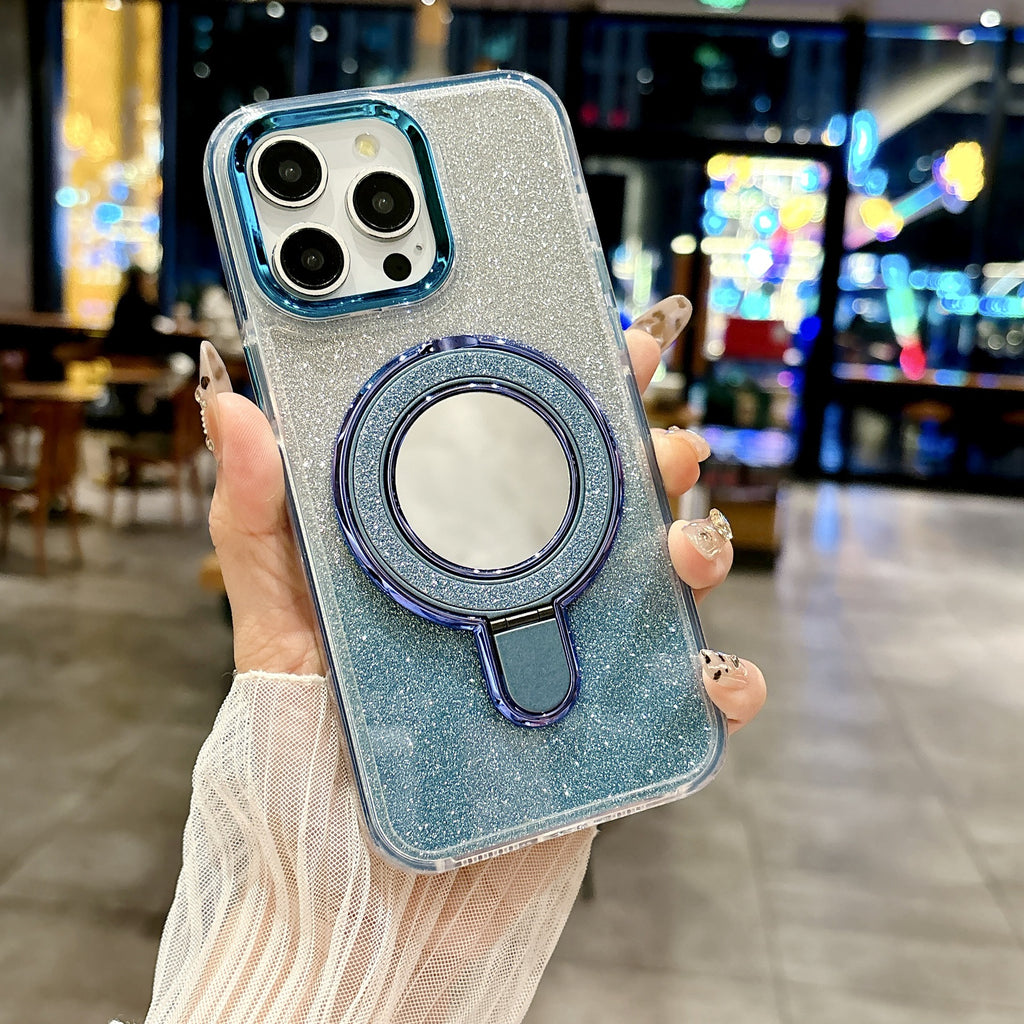 Equipped with Folding Stand and Make-up Mirror Glitter Case Cover for iPhone