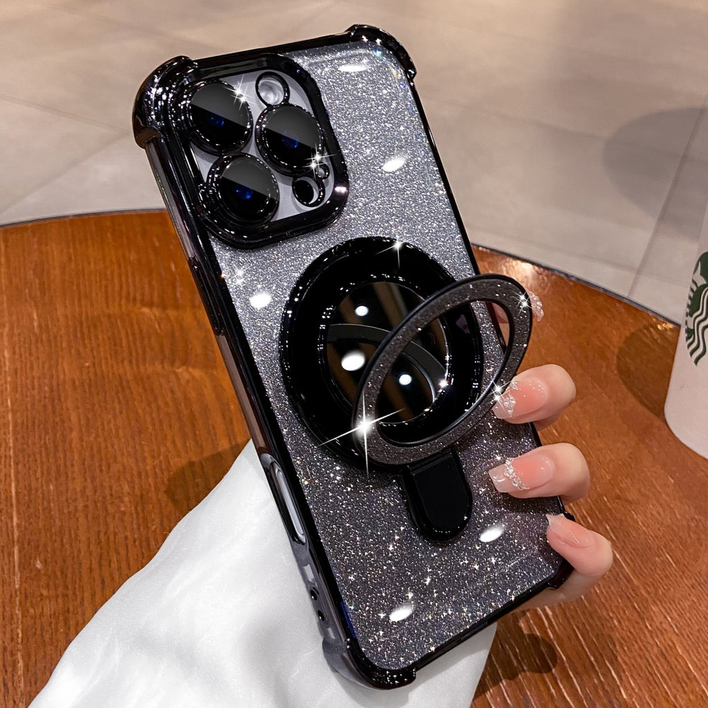 Dazzling Folding Bracket That Sparkles with Makeup Mirror Case Cover for iPhone