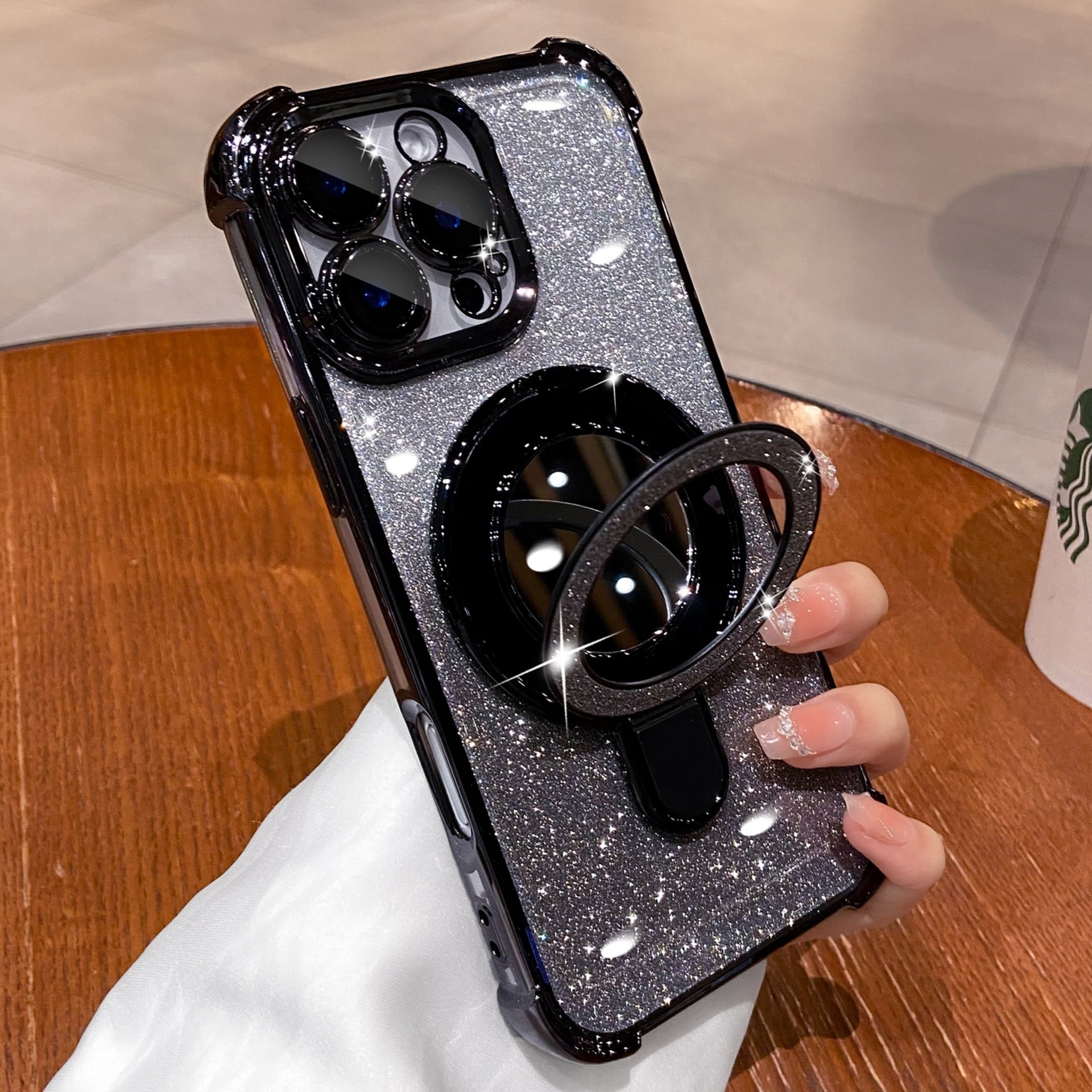 Dazzling Folding Bracket That Sparkles with Makeup Mirror Case Cover for iPhone