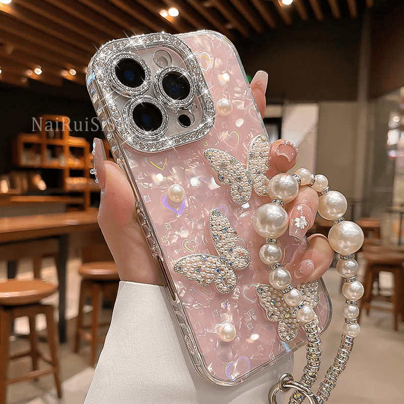 Gradient-Patterned Heart Diamond Butterfly Case Kit for iPhone - Get a FREE Exquisite Pearl Bracelet!🔥