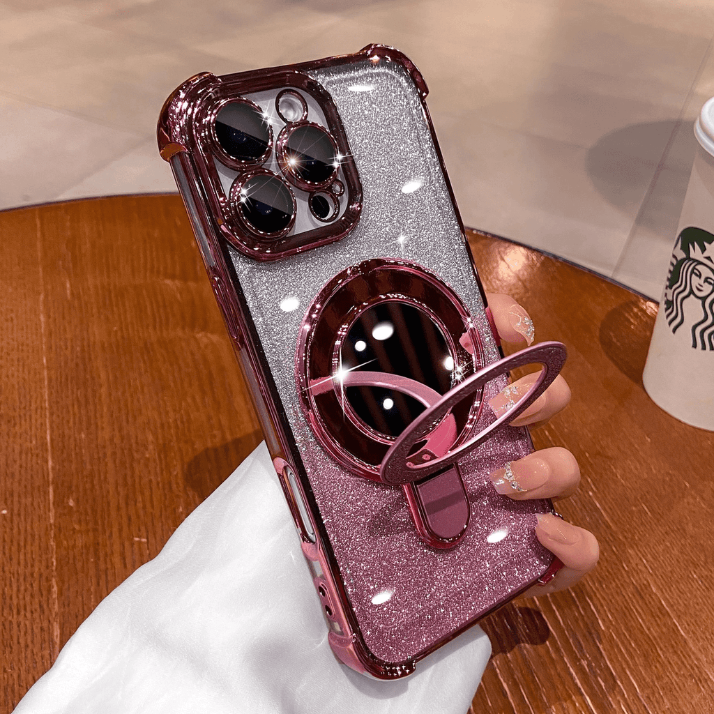 Dazzling Folding Bracket That Sparkles with Makeup Mirror Case Cover for iPhone