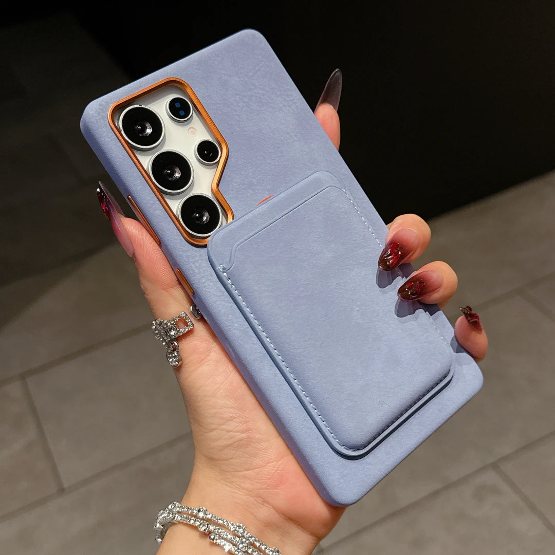 Suede Leather Magnetic Card Holder Case Cover for Samsung S Series