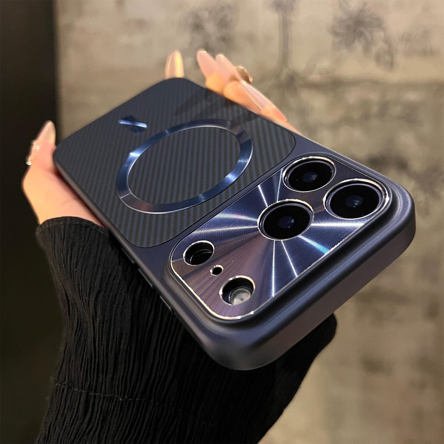 Carbon Fiber Backplate Magnetic CD-Pattern Lens Protection iPhone Case