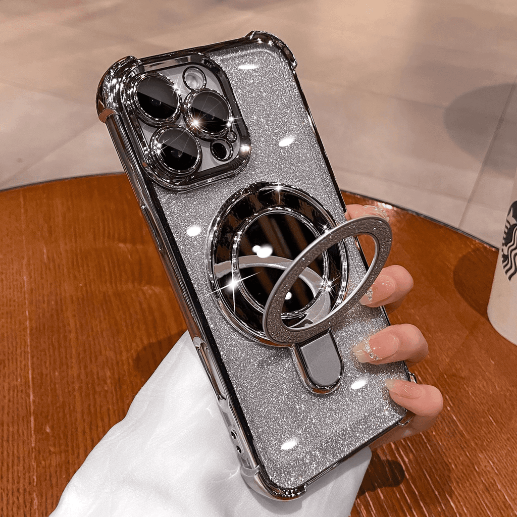 Dazzling Folding Bracket That Sparkles with Makeup Mirror Case Cover for iPhone