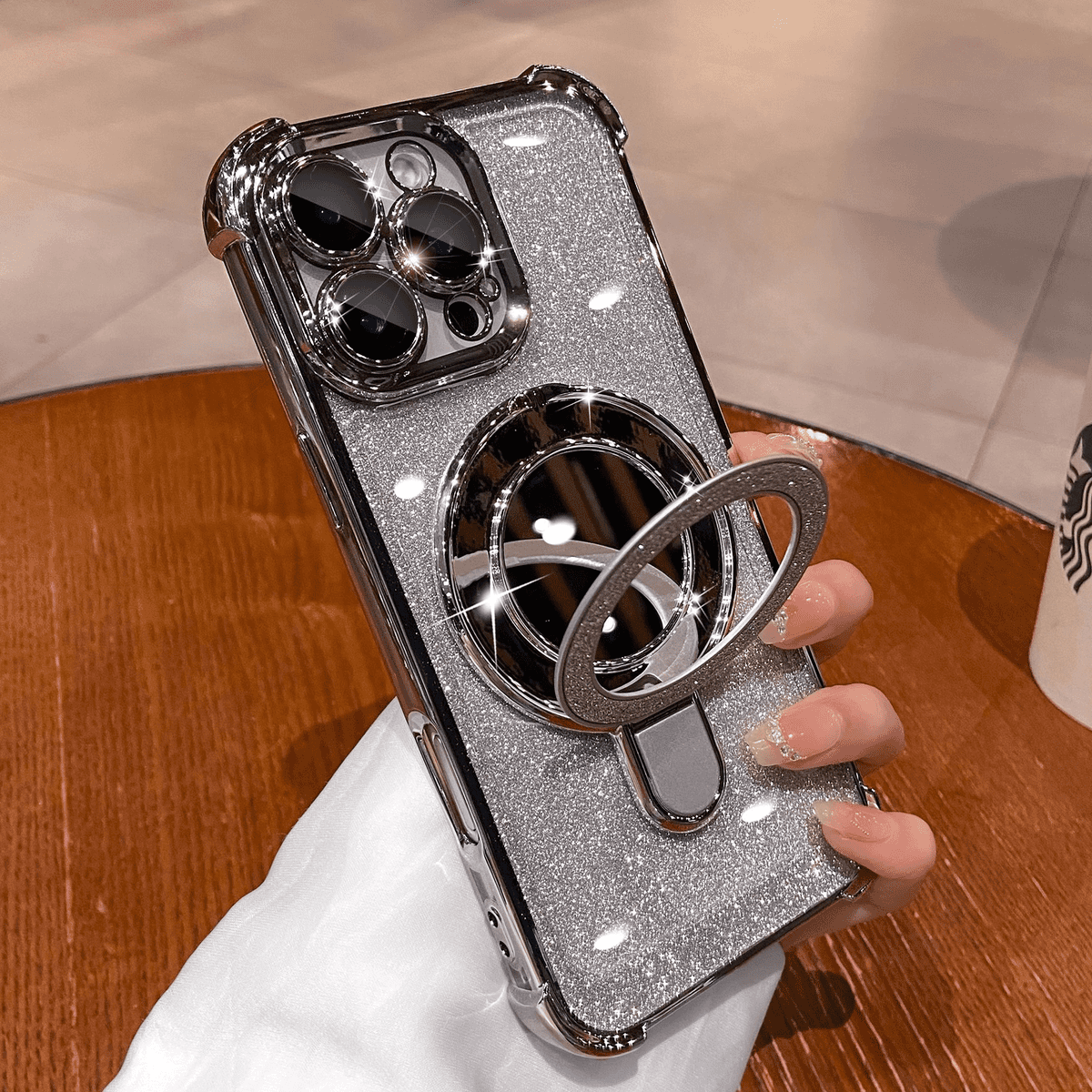 Dazzling Folding Bracket That Sparkles with Makeup Mirror Case Cover for iPhone