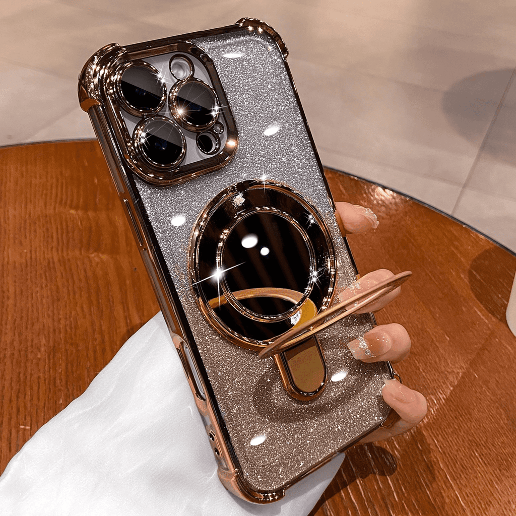 Dazzling Folding Bracket That Sparkles with Makeup Mirror Case Cover for iPhone