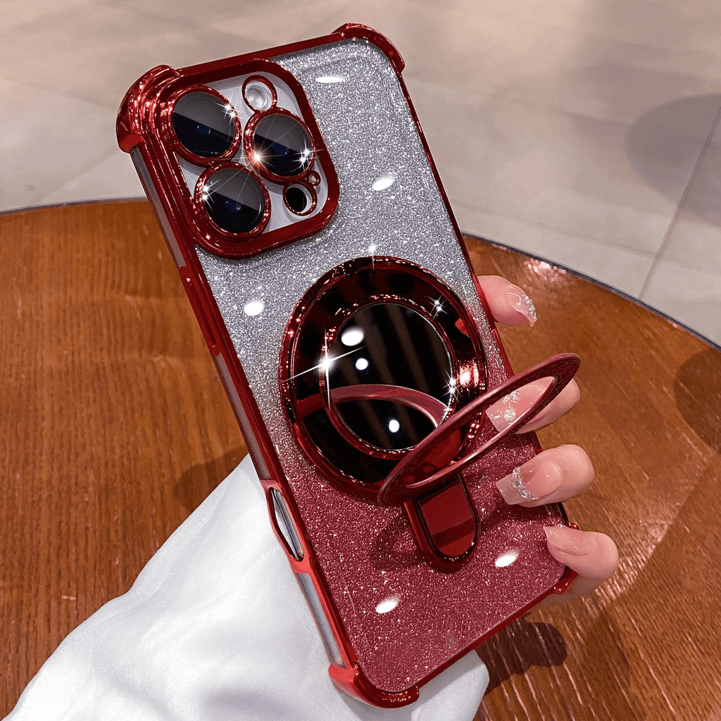 Dazzling Folding Bracket That Sparkles with Makeup Mirror Case Cover for iPhone