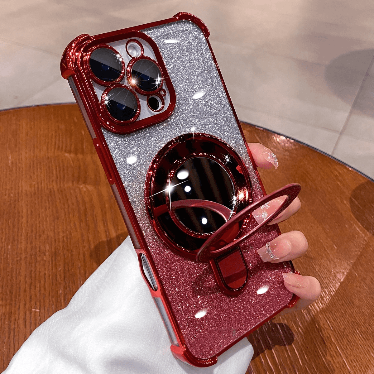 Dazzling Folding Bracket That Sparkles with Makeup Mirror Case Cover for iPhone