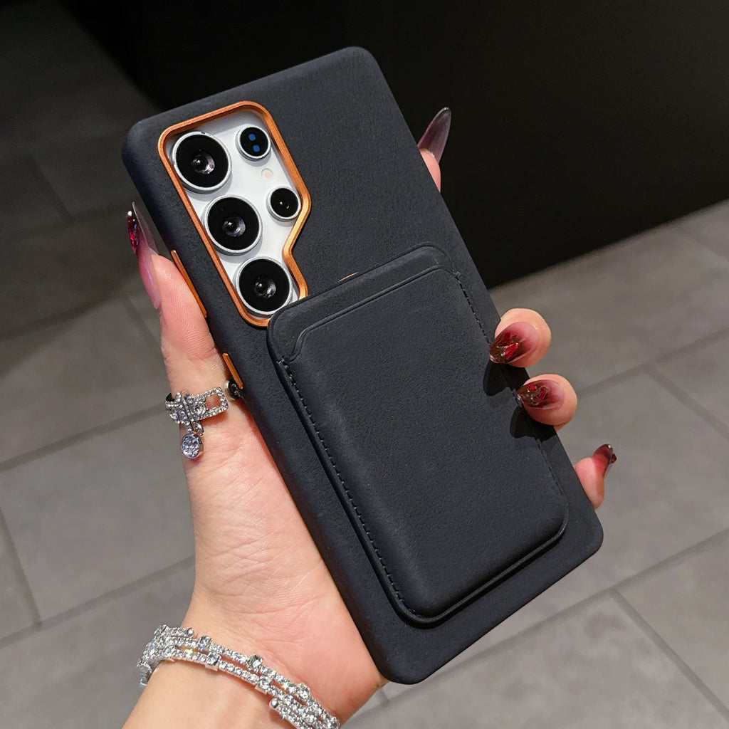 Suede Leather Magnetic Card Holder Case Cover for Samsung S Series