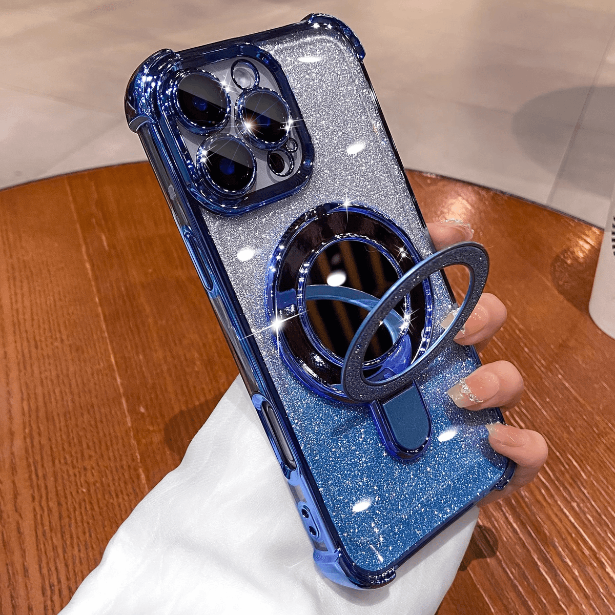 Dazzling Folding Bracket That Sparkles with Makeup Mirror Case Cover for iPhone