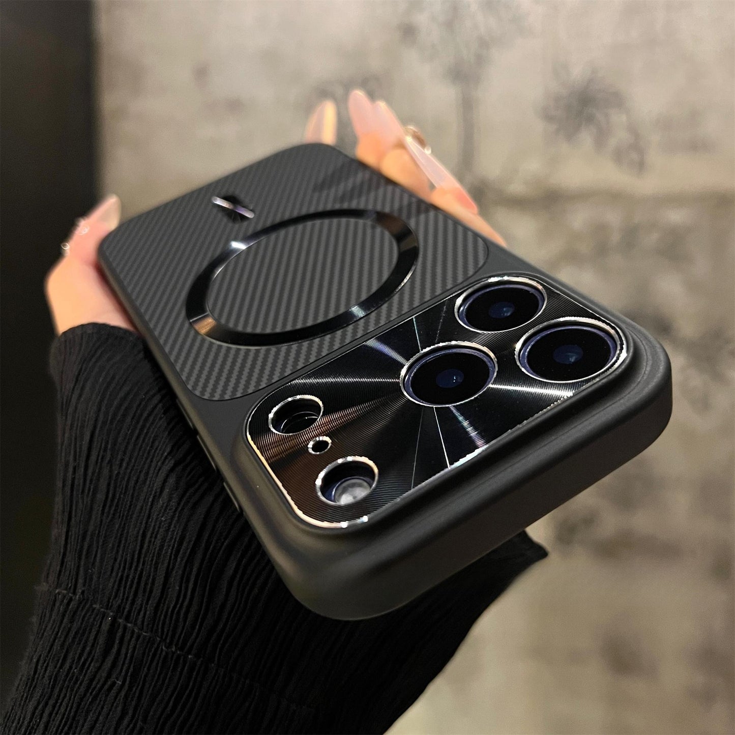 Carbon Fiber Backplate Magnetic CD-Pattern Lens Protection iPhone Case