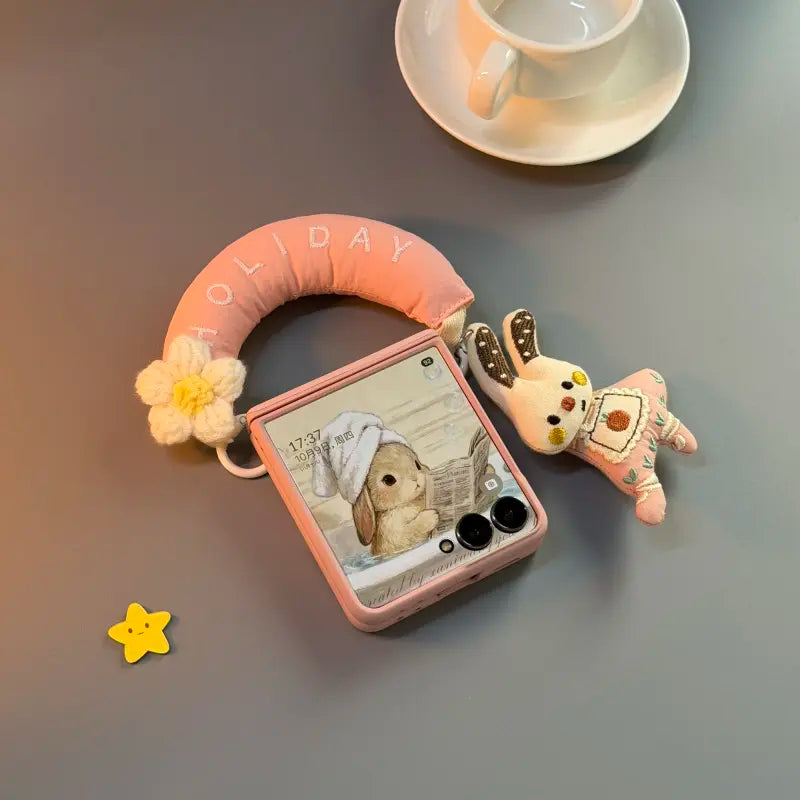 Cute Pink Rabbit Case Cover for Samsung Flip Serie with Lanyard and Wrist Strap- Buy 2: FREE SHIPPING🛫 & 40% OFF 2nd🔥