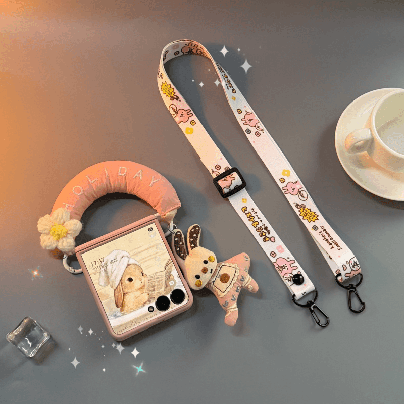 Cute Pink Rabbit Case Cover for Samsung Flip Serie with Lanyard and Wrist Strap- Buy 2: FREE SHIPPING🛫 & 40% OFF 2nd🔥