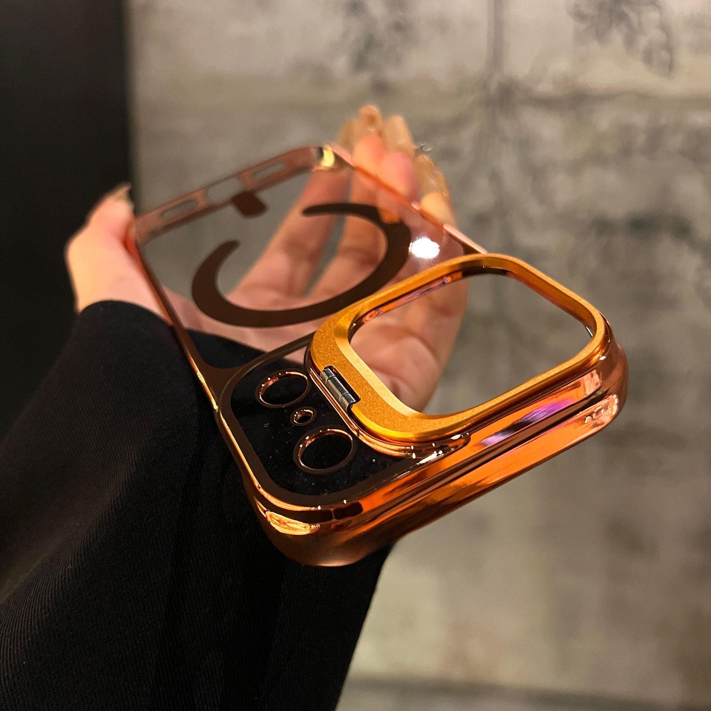 Semi-transparent metal lens folding frame protective Case for iPhone