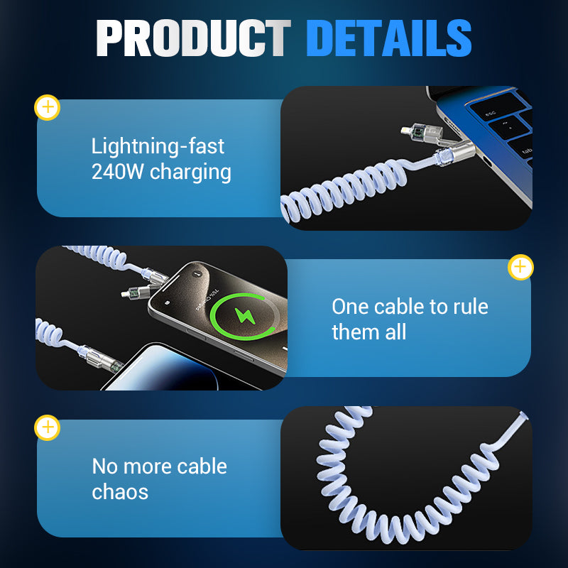 240W 4-in-1 Retractable Coiled Charging Cable