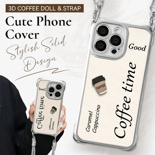 Cute Phone Cover with 3D Coffee Doll & Strap