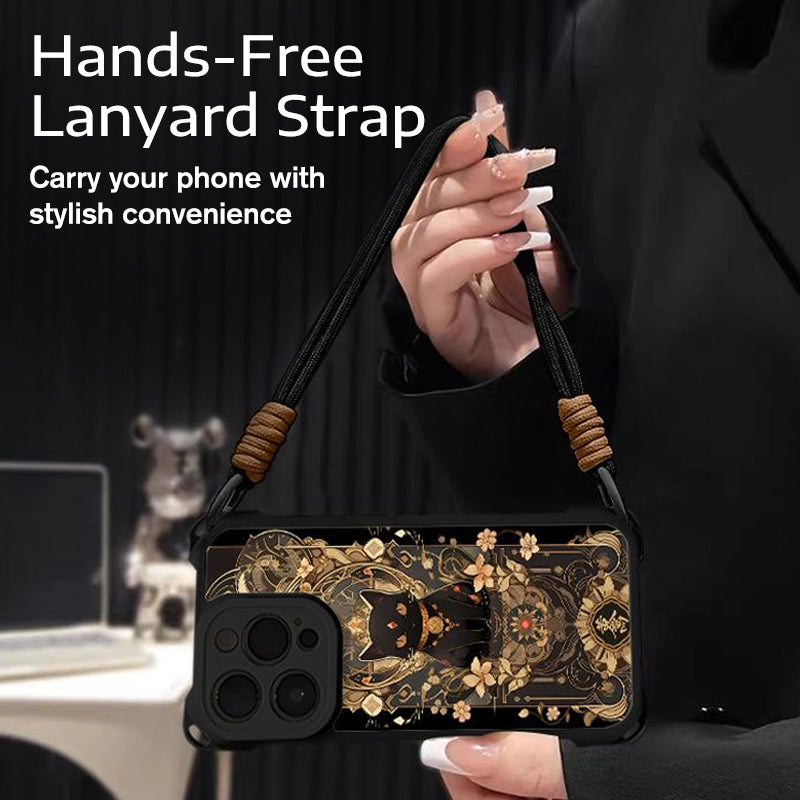 Black Cat & Gold Pattern Phone Case with Strap