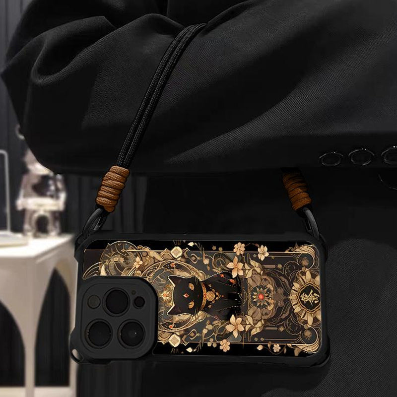 Black Cat & Gold Pattern Phone Cover with Strap