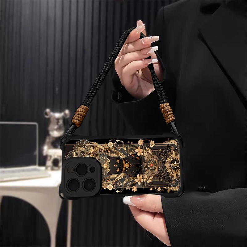 Black Cat & Gold Pattern Phone Case with Strap